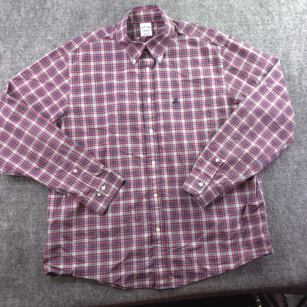 Brooks Brothers Shirt Large Long Sleeve Button‎ Down Red White Blue Check Logo